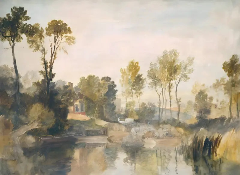 A serene landscape featuring a house beside a river, surrounded by trees and sheep.