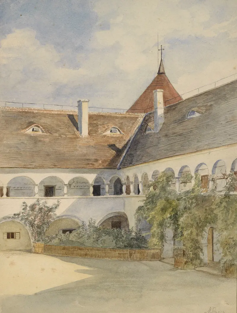 Architecture scene with arches and light, oil painting by Marie Egner