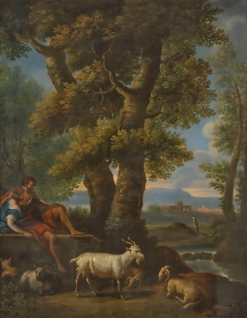 Pastoral Landscape by Jan Frans Van Bloemen, oil on canvas depicting a river and lush greenery.