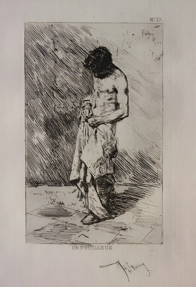 A man is depicted searching for fleas in a lively scene.