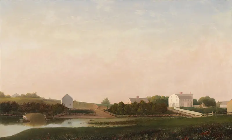 Babson and Ellery Houses, oil on canvas by Fitz Henry Lane, depicting coastal architecture.