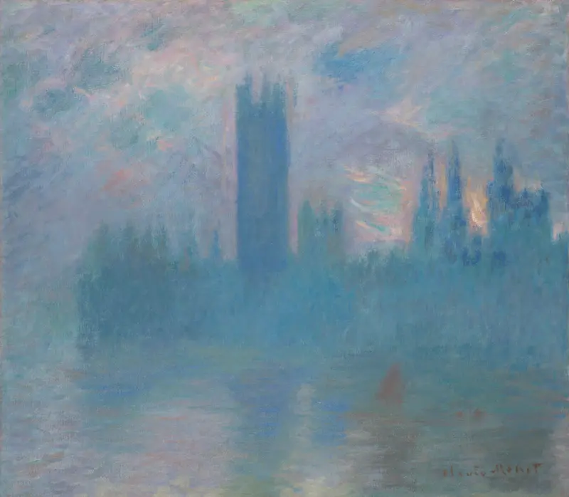 A blurred silhouette of the Houses of Parliament rises from mist over the Thames, with a colorful sunset sky and reflective water below.