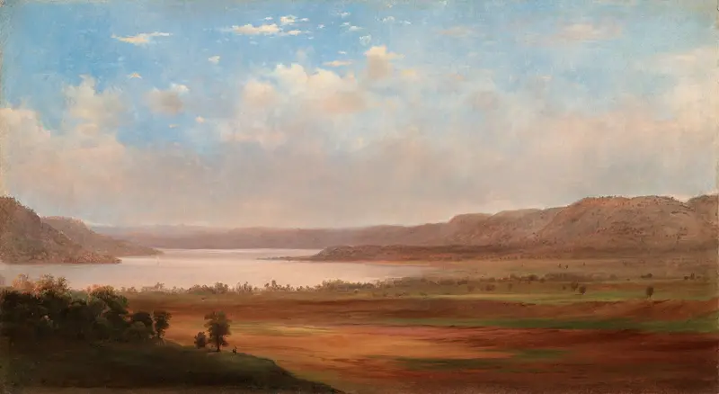 Lake landscape by Robert S. Duncanson, oil painting depicting serene water and sky.