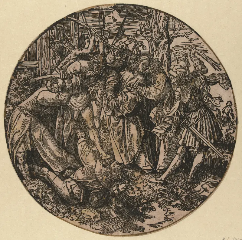 Oil on panel by Jacob Cornelisz van Oostsanen depicting an embrace with chiaroscuro.