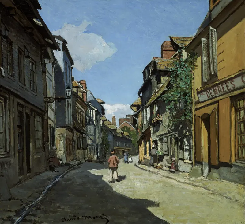 Rue de la Bavole, Honfleur by Claude Monet, oil painting depicting a serene street with dappled light.