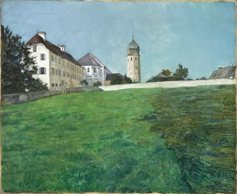 A View of Frauenchiemsee by Wilhelm Trübner, oil on canvas, depicting tranquil waters at sunset.