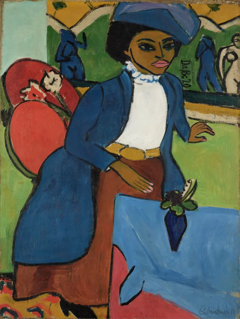 A confident woman with a sharply contoured face and vivid clothing, gazing directly at the viewer.