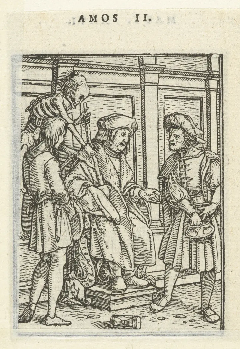 Rechter en de Dood by Hans Holbein, 1538, paper, featuring a judge in rich robes and themes of mortality.