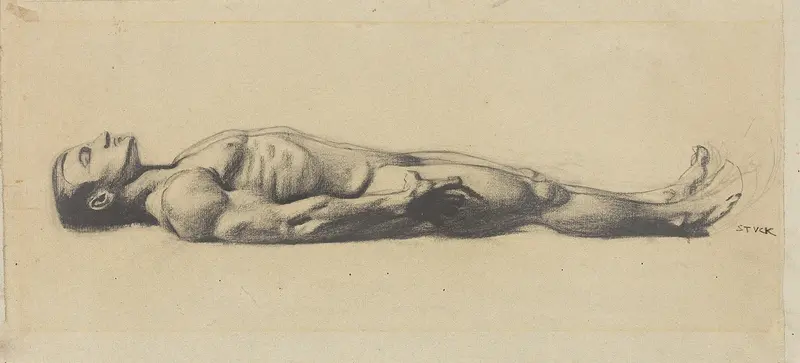 Franz von Stuck's 'Studie zu einem Leichnam Christi für ‘Pieta’' explores themes of death and spirituality.