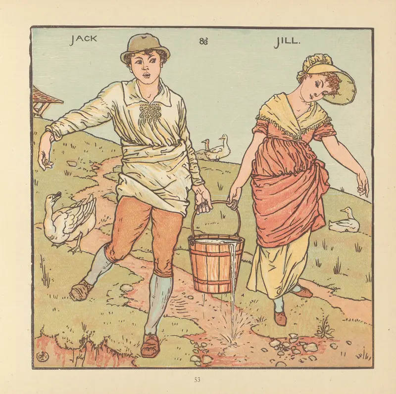Walter Crane's 'Jack and Jill' depicts a whimsical scene inspired by the nursery rhyme.