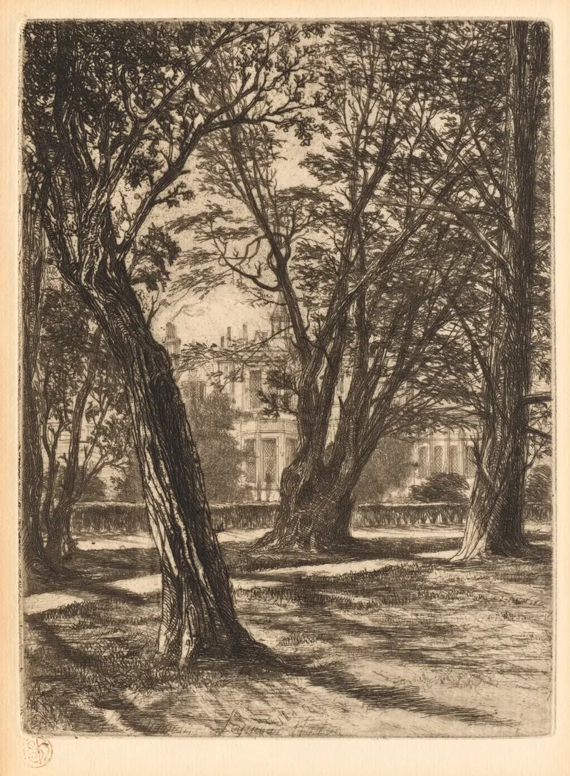 Engraving by Francis Seymour Haden depicting a serene landscape in Kensington Gardens