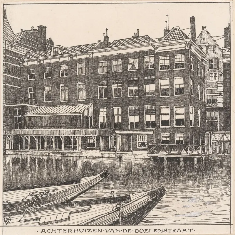 Achterhuizen van de Doelenstraat te Amsterdam by Willem Wenckebach, realism, depicting Amsterdam's architecture.