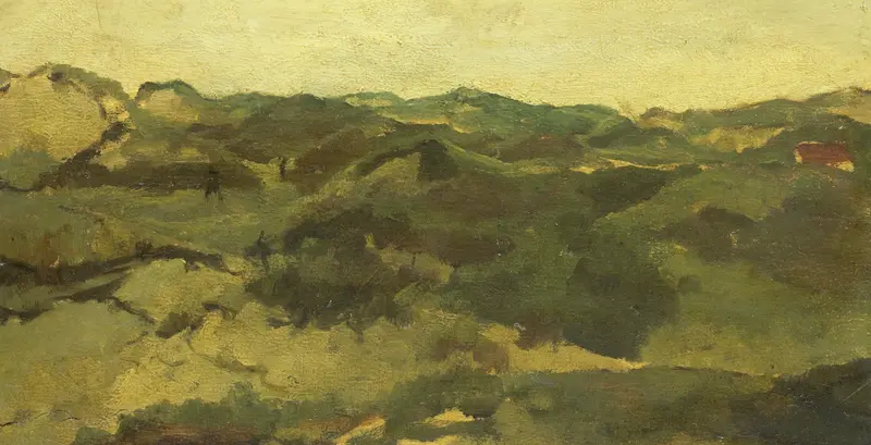 A heath landscape with rolling hills and clouds, oil on canvas by George Hendrik Breitner
