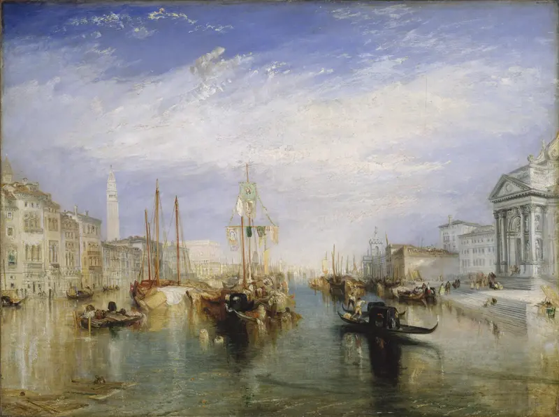A wide view of Venice’s Grand Canal crowded with gondolas and boats beneath a luminous sky, featuring a bell tower and domed church façade.