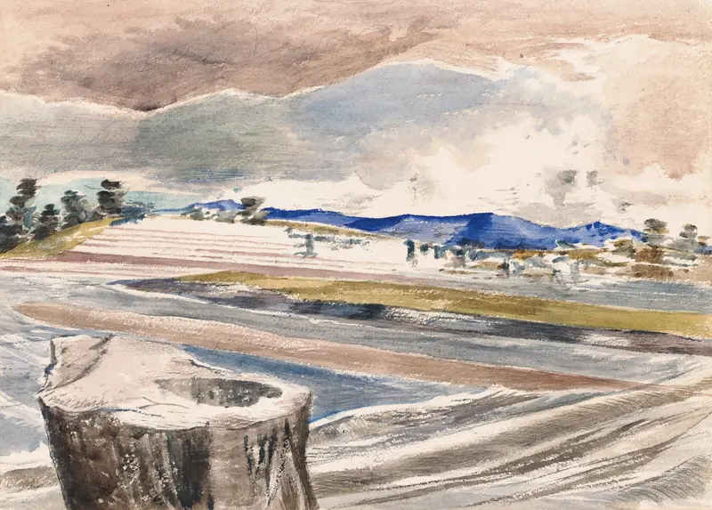 The Severn Bore near Pimlico Sands by Paul Nash, depicting a river landscape with a figure and soft banks.