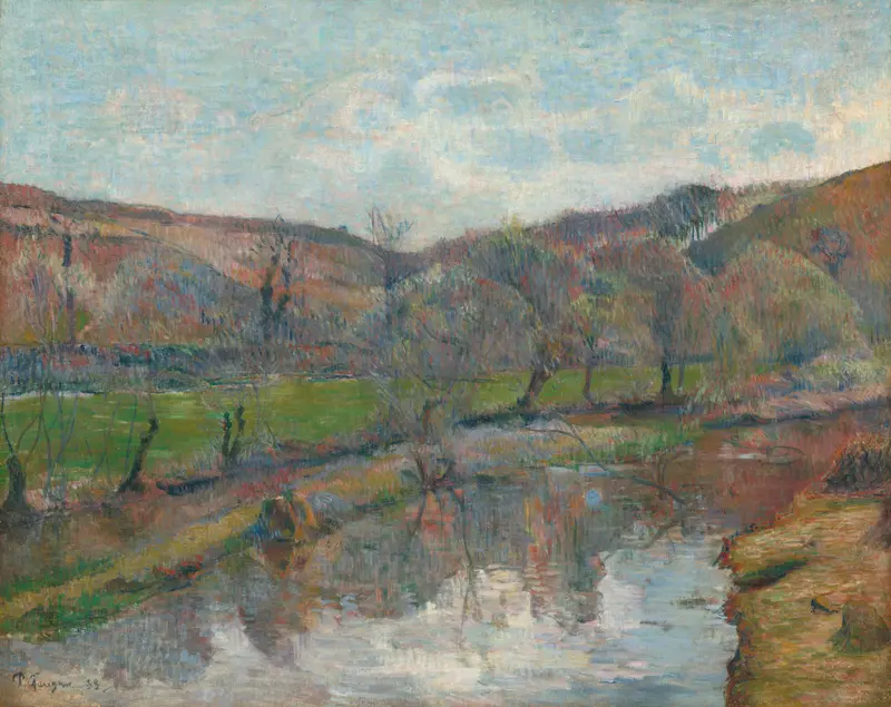 Brittany Landscape by Paul Gauguin, oil on canvas depicting rolling hills and lush greenery.