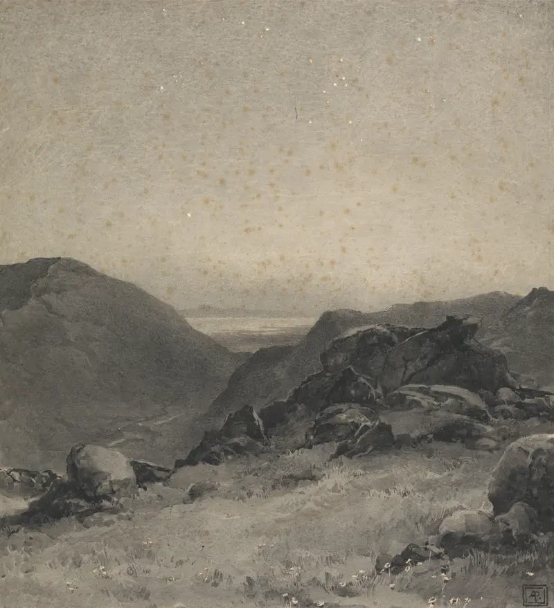 Rocky Landscape by Alfred Parsons, oil painting depicting rugged terrain and a distant horizon.