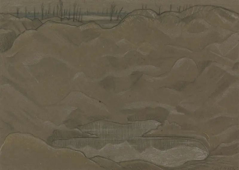 A Shell Crater by Paul Nash, depicting a crater in muted earth tones, oil painting