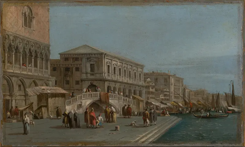 Rococo oil painting by Francesco Guardi depicting the Molo and Riva degli Schiavone in Venice