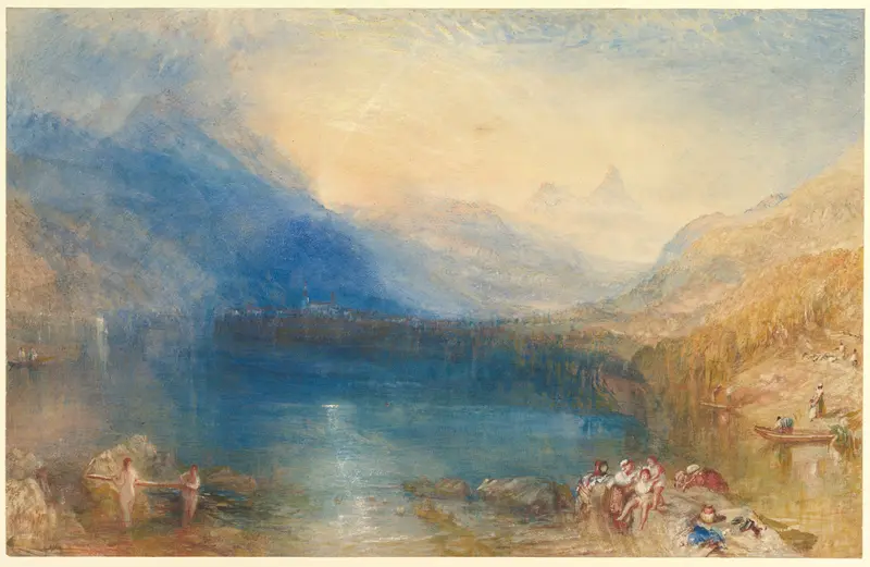 The Lake of Zug by Joseph Mallord William Turner, oil painting of a serene lake with reflections.