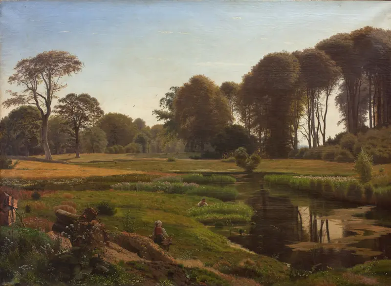 Landscape with a serene lake reflecting nature, oil on canvas by Vilhelm Kyhn