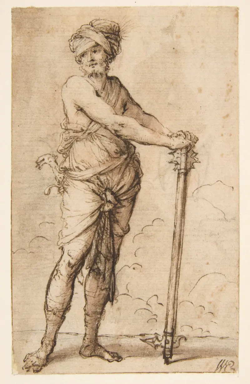A turbaned warrior holding a mace, showcasing Baroque style.