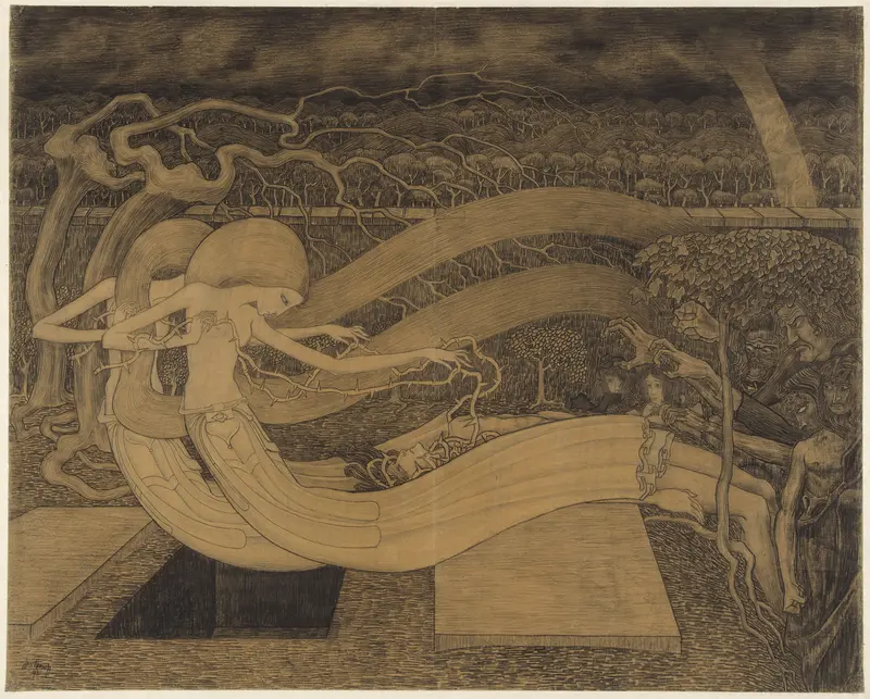 Jan Toorop's painting 'O Grave, where is thy Victory' explores themes of death and resurrection.