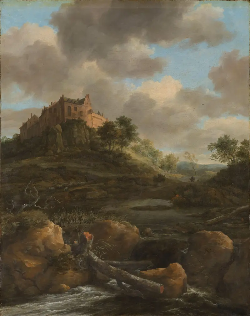 Landscape oil painting of Bentheim Castle by Jacob Isaacksz van Ruisdael