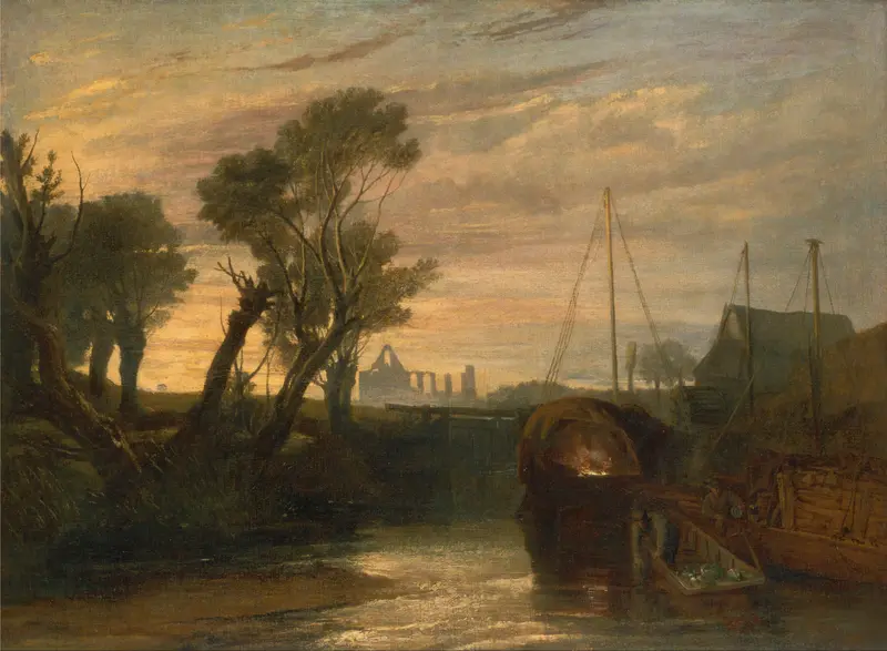 Newark Abbey by Joseph Mallord William Turner, oil on canvas depicting a misty landscape.