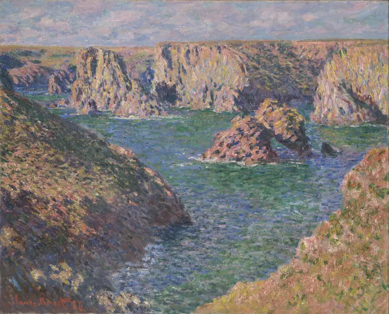 Port-Domois, Belle-Isle by Claude Monet, oil painting depicting a harbor at sunset.