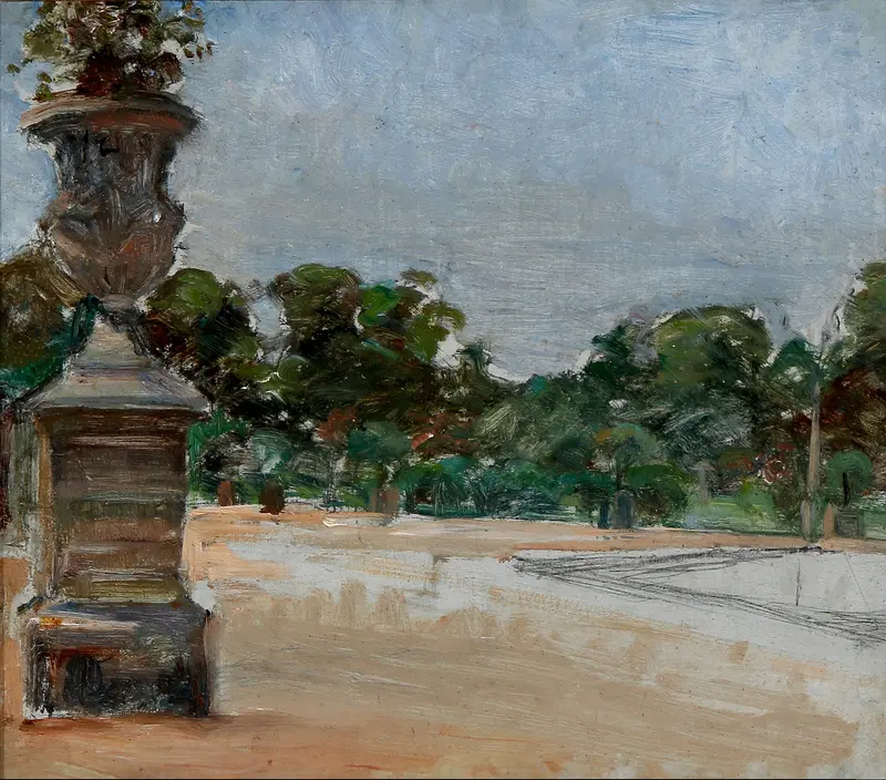 A bold, unfinished landscape featuring a grand stone urn and a path in Tuileries Garden, Paris.