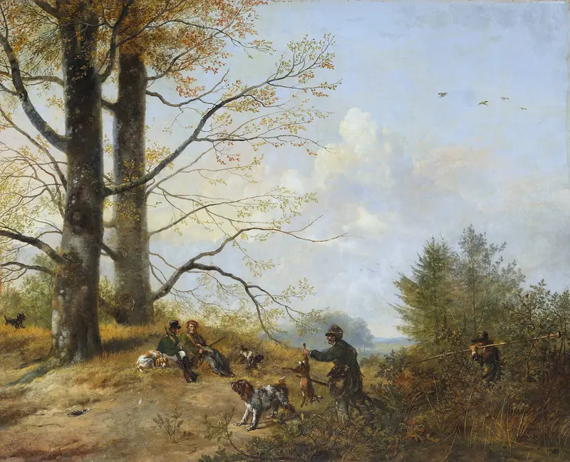 Rast nach der Jagd by Pieter Gerardus van Os, oil on canvas depicting figures resting under a tree.