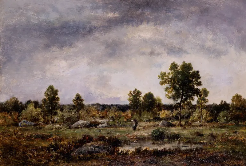 Clearing in the Forest by Narcisse-Virgile Diaz de La Peña, oil on canvas depicting a serene forest scene.