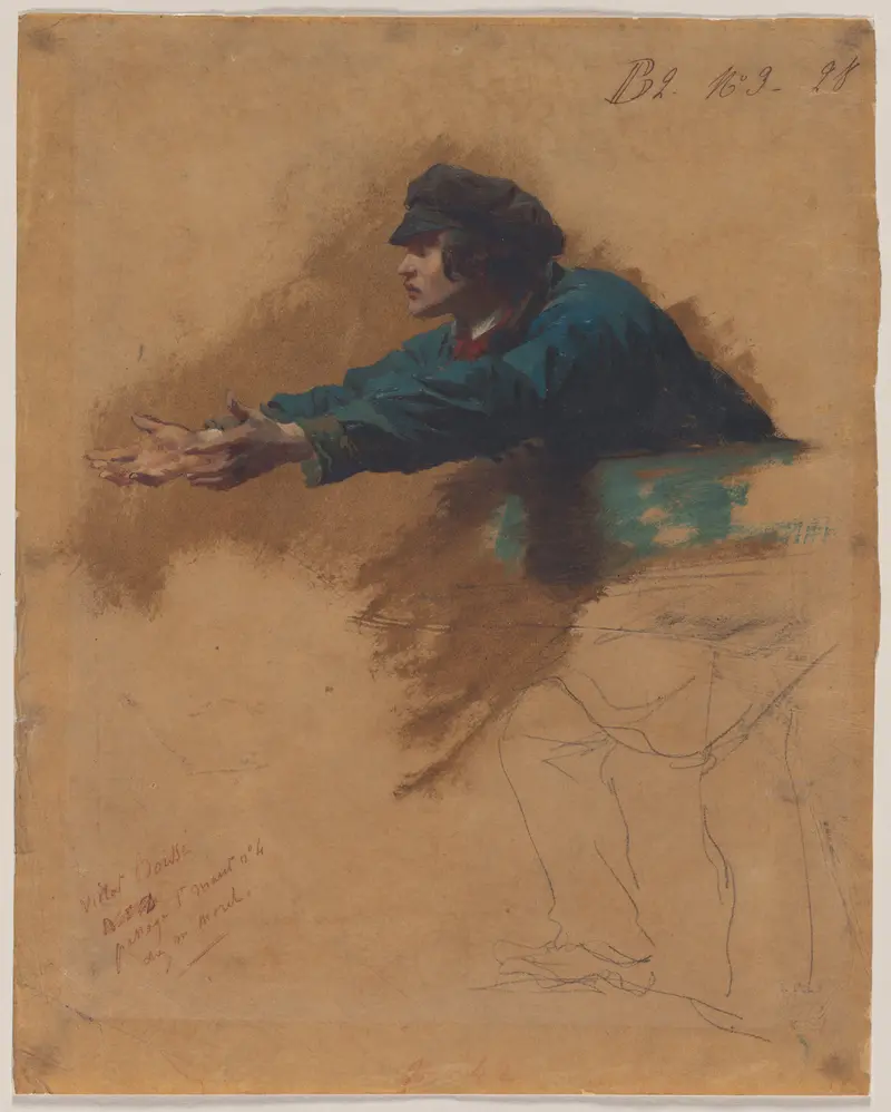 A study of a young man with outstretched arms, showcasing the themes of charity and humanity.