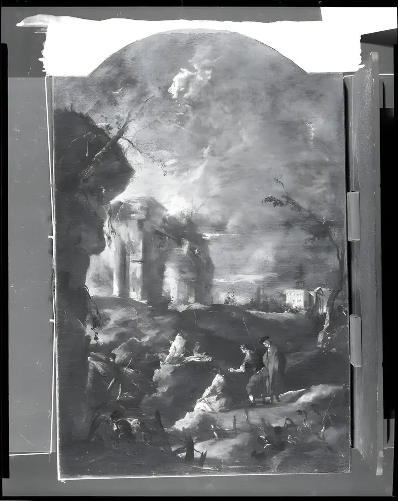 River landscape with Roman arch and fishermen by Francesco Guardi, Rococo style