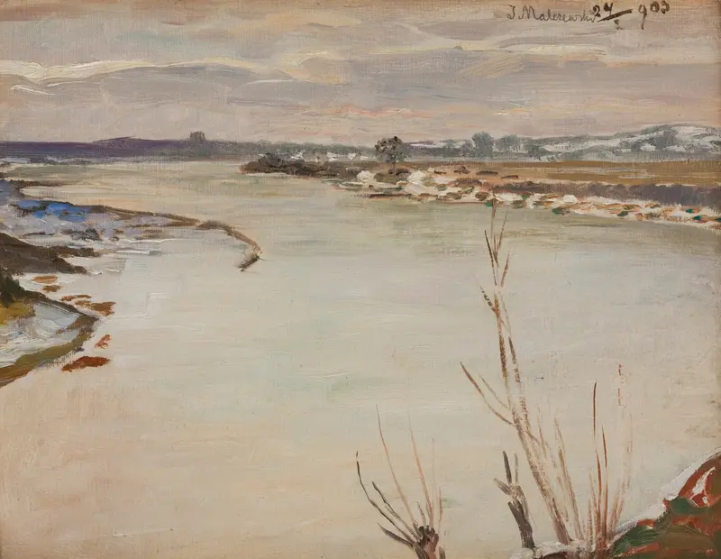 Spring Thaw by Jacek Malczewski, oil on canvas depicting a landscape with soft greens and browns.