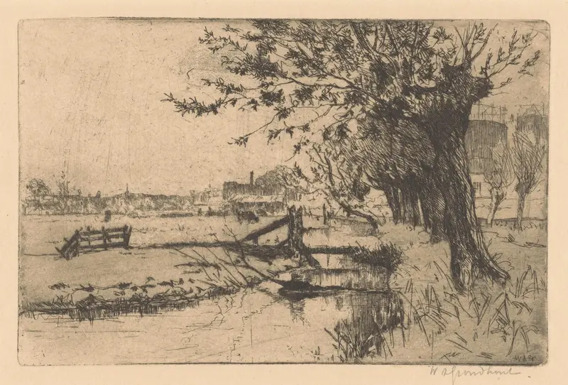 Genre scene depicting silhouettes at a gasworks by Willem Adrianus Grondhout, oil painting