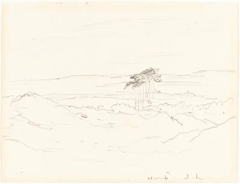 A serene landscape depicting Hampstead Heath with a solitary figure under a dramatic sky.