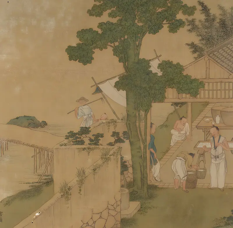 Decorative art on silk by Qiu Ying featuring rice and silk culture.