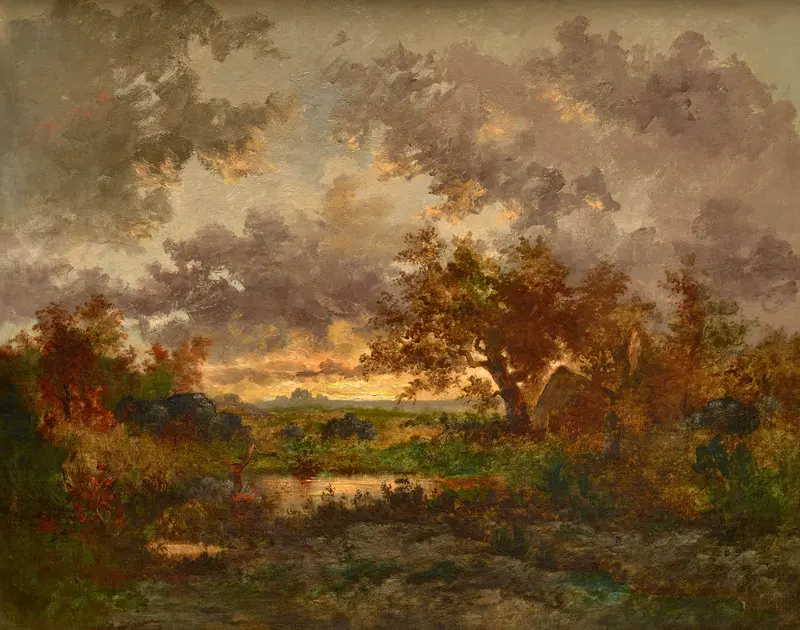 Oil painting by Théodore Rousseau depicting a hut in a forest at dusk.