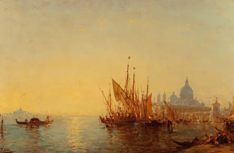 Seascape by Félix Ziem, oil painting depicting a horizon with golden light.