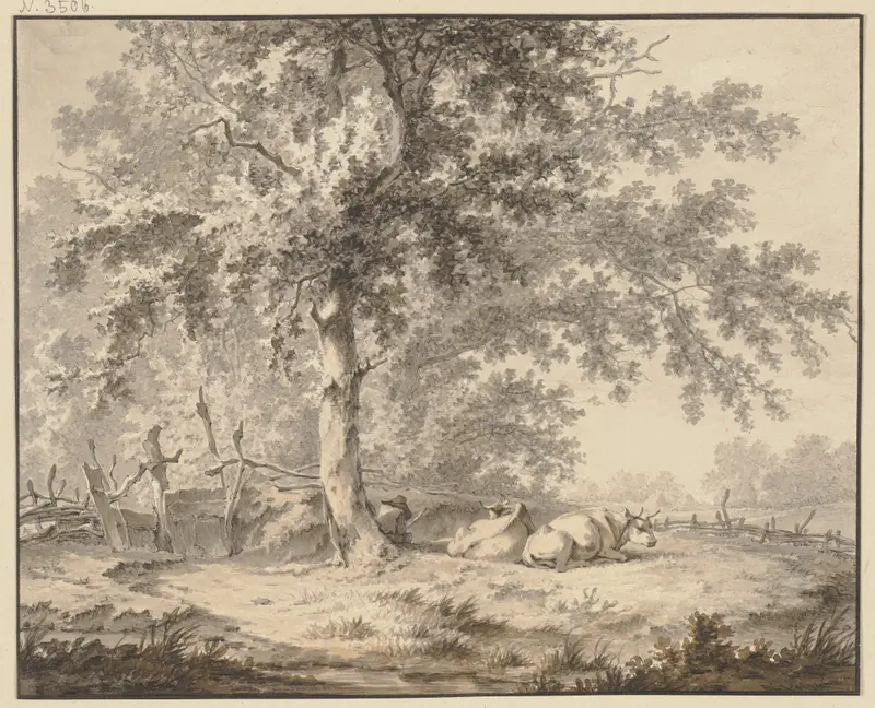 Oil on canvas by Jan Hulswit depicting a shepherd with two cows under an oak tree.