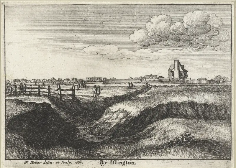 Etching by Wenceslaus Hollar depicting Islington landscape with a greppel and hills.