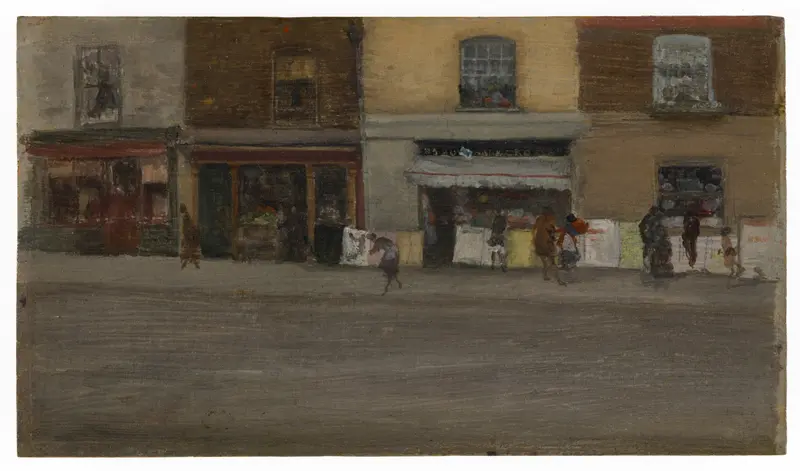 A hazy depiction of Chelsea shopfronts with figures moving along the pavement in soft, diffused light.