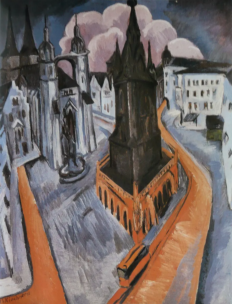A cityscape with a glowing red tower under stormy clouds, featuring twisted roads and buildings in icy blues and blacks.