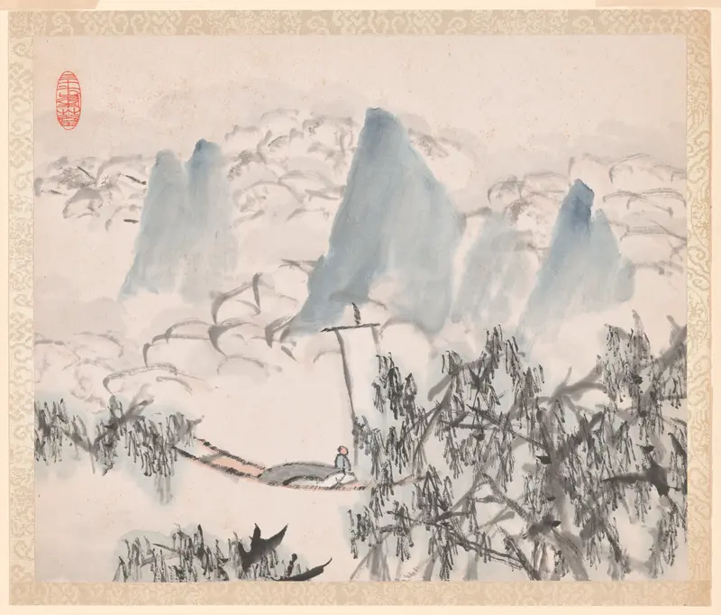 Landscape and calligraphy on paper by Xugu
