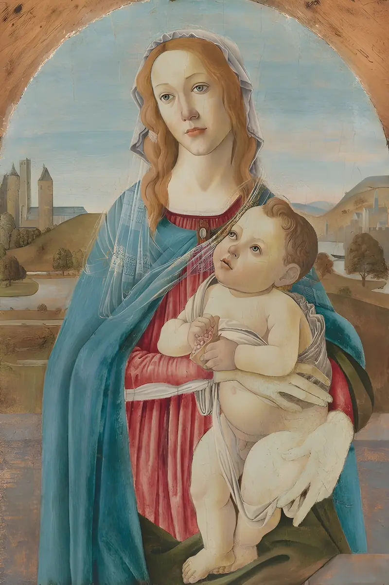 Sandro Botticelli's 'Virgin and Child' depicts the Madonna and Jesus with delicate features.