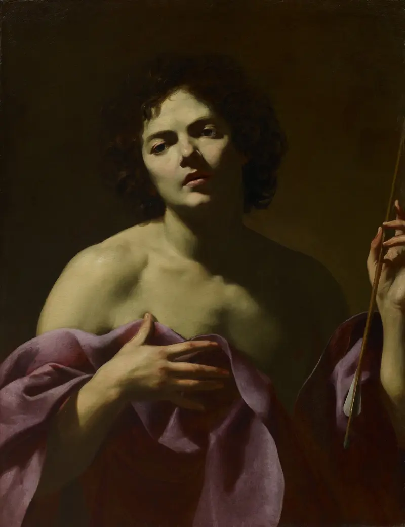 Simon Vouet's Saint Sebastian depicts the martyr bound to a tree, pierced by arrows, with a serene expression.