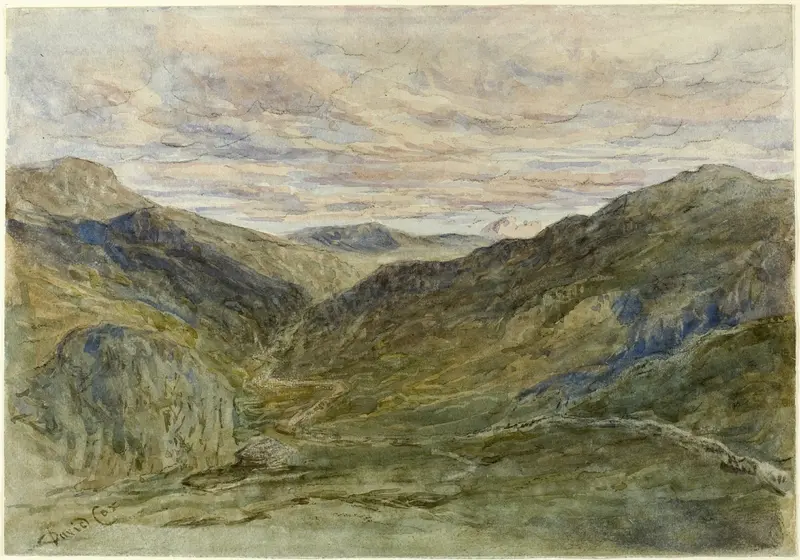 Landscape with gentle hills in soft greens and blues by David Cox, oil painting