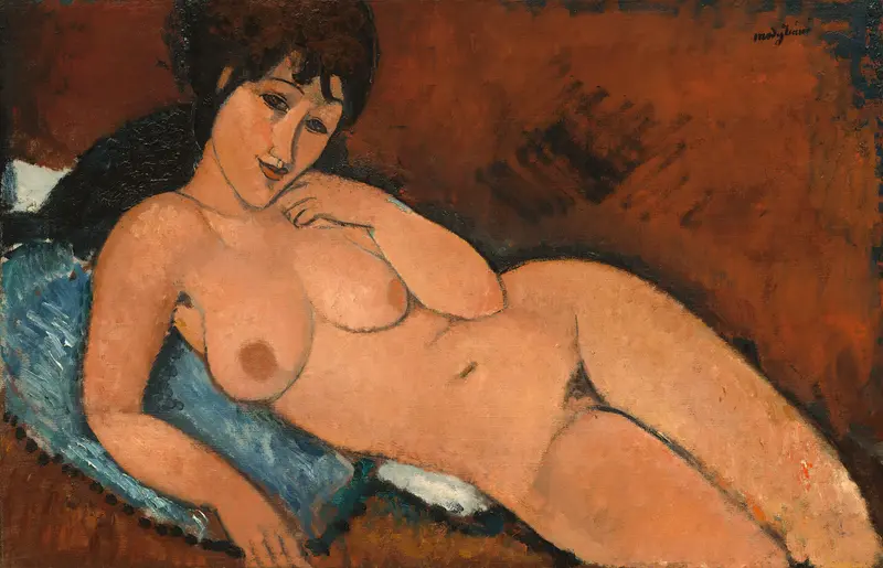 Amedeo Modigliani's 'Nude on a Blue Cushion' features a reclining nude figure on a vibrant blue cushion.